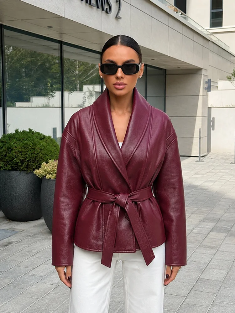 Women's Vintage Lapel Leather Coat Elastic Waist Shirred Design Loose Oversized Solid Coat 2026 Mature Casual Versatile Wear