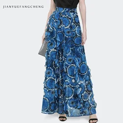 Long Skirt Womens Summer Blue Chiffon Floral Printed Skirts Floor-length High Waist A-line Flowing Ruffles Pleated Maxi Skirts