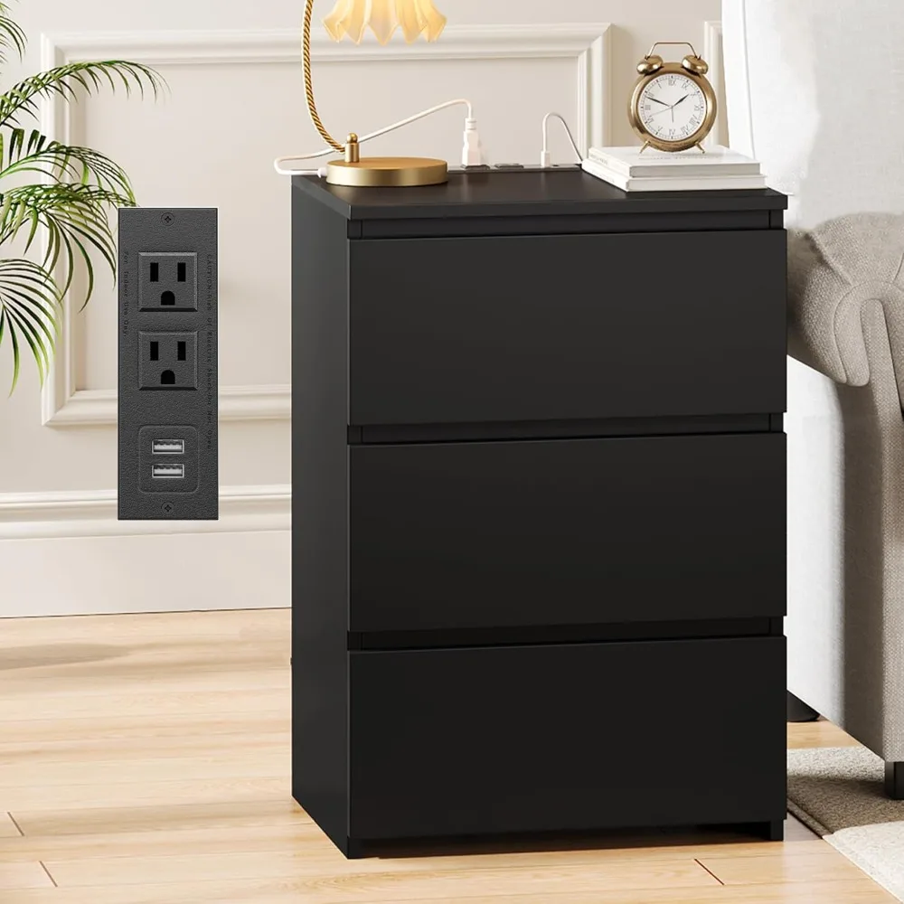 

Black Nightstand, 26" H Black Night Stand with Charging Station, Black Nightstand with USB Ports & Power Outlets, Silent