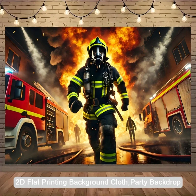 Firefighter Hero Running Through Flames Fire Truck Emergency Scene 2D Printed Backdrop Party Photo Background Decor