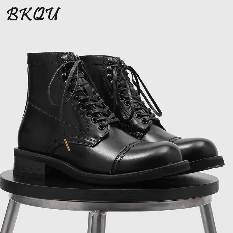 

BKQU High-top Casual English-style Chelsea Boots 2025 Spring New Versatile Lace-up Retro Motorcycle Heel Pointed Top Short Boots