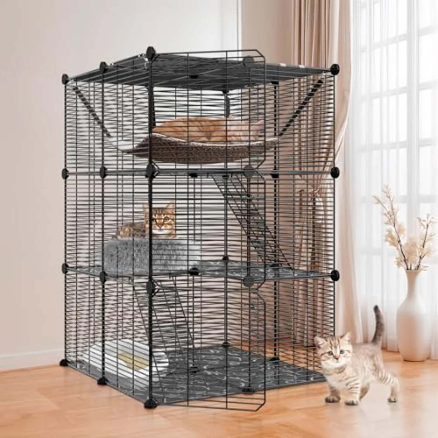 3-Tier Cat Cage Indoor Enclosures - 26 Panles DIY Cat Playpen Metal Wire Kennel Crate w/Extra Large Hammock for 1-2