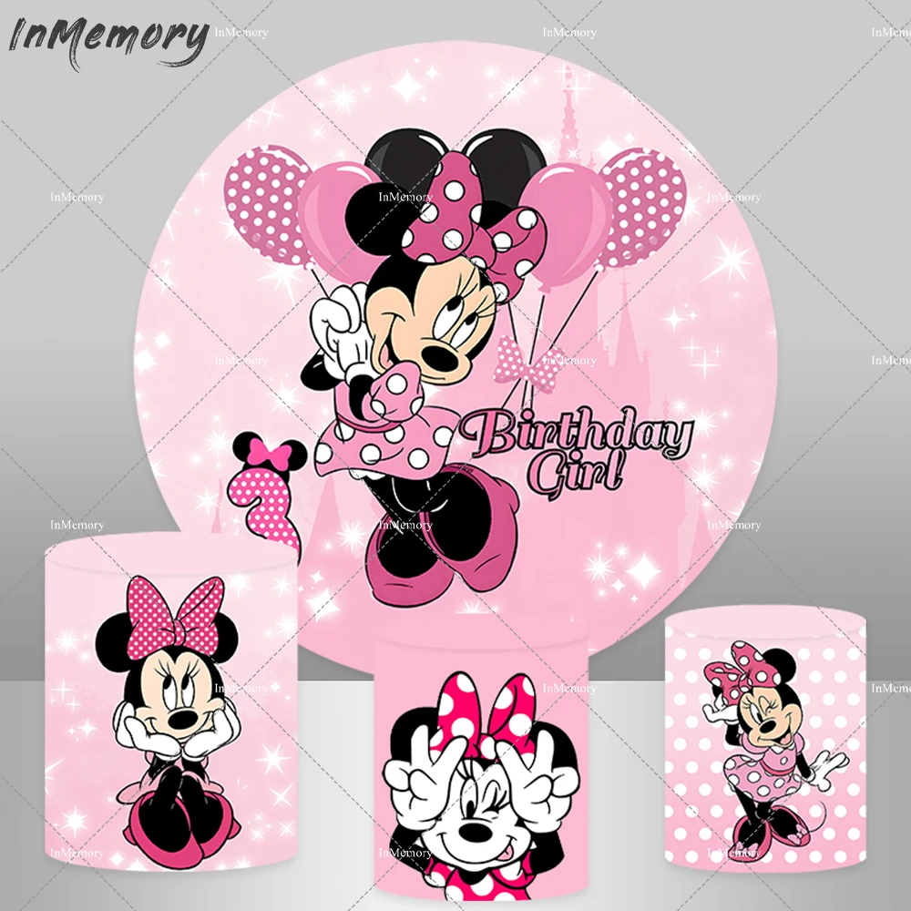 Pink Minnie Mouse Round Backdrop For Princess Girls Kids 1st Birthday Party Photography Backgrounds Baby Shower Covers Elastic