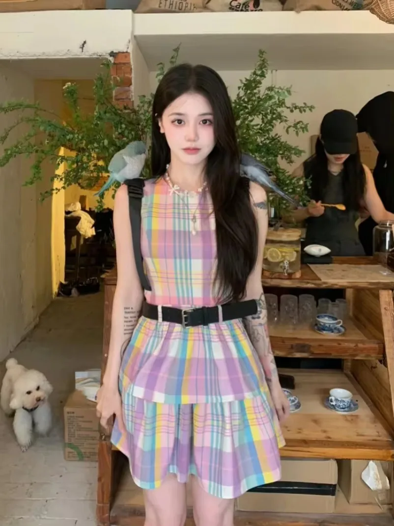 

New Rainbow Japanese Kawaii Plaid Dress Women Casual Sleeveless Even Party Y2k Korean Fashion Lolita Style Vintage Cake Dress