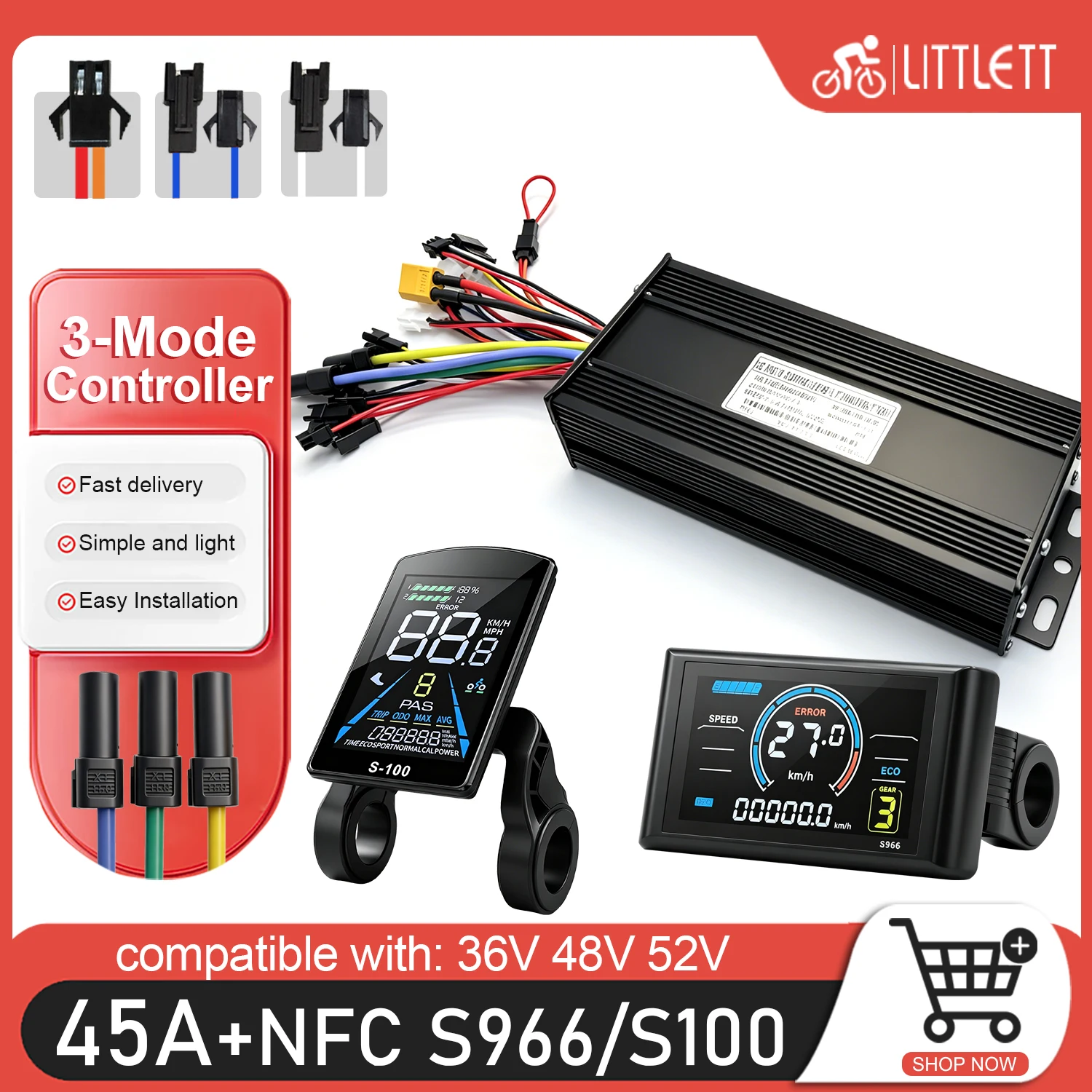 Electric Bike Three-Mode Sinewave Controller 45A 36V/48V/52V 2000W and S966 NFC LCD With PAS Throttle Kit for E-Scooter rapir
