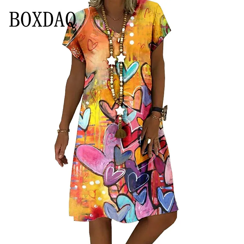 

Womens Design 3D Printed Painting Dresses V-Neck Short Sleeve Abstract Heart Pattern Dress Oversized Summer 2022 Ladies Sundress