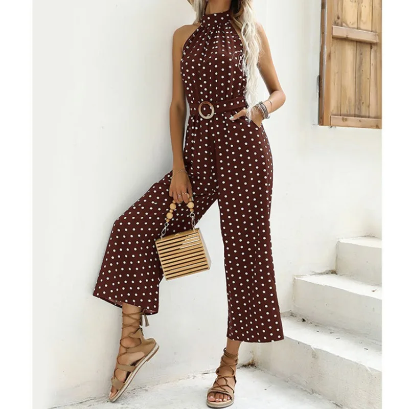 Jumpsuit wanita polkadot, Jumpsuit Halter kaki lebar dengan sabuk elegan berpergian musim panas