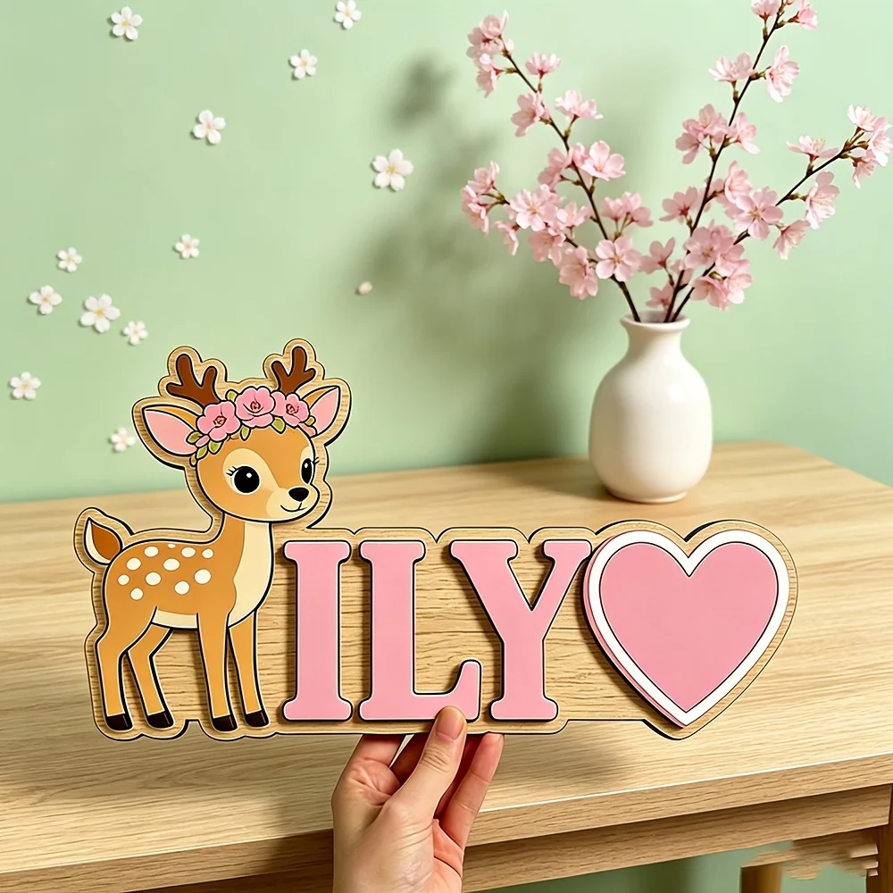 Custom Floral Deer Wooden Name Sign, Personalized Heart Nursery Plaque, Kids Room Decor, Baby Shower Gift