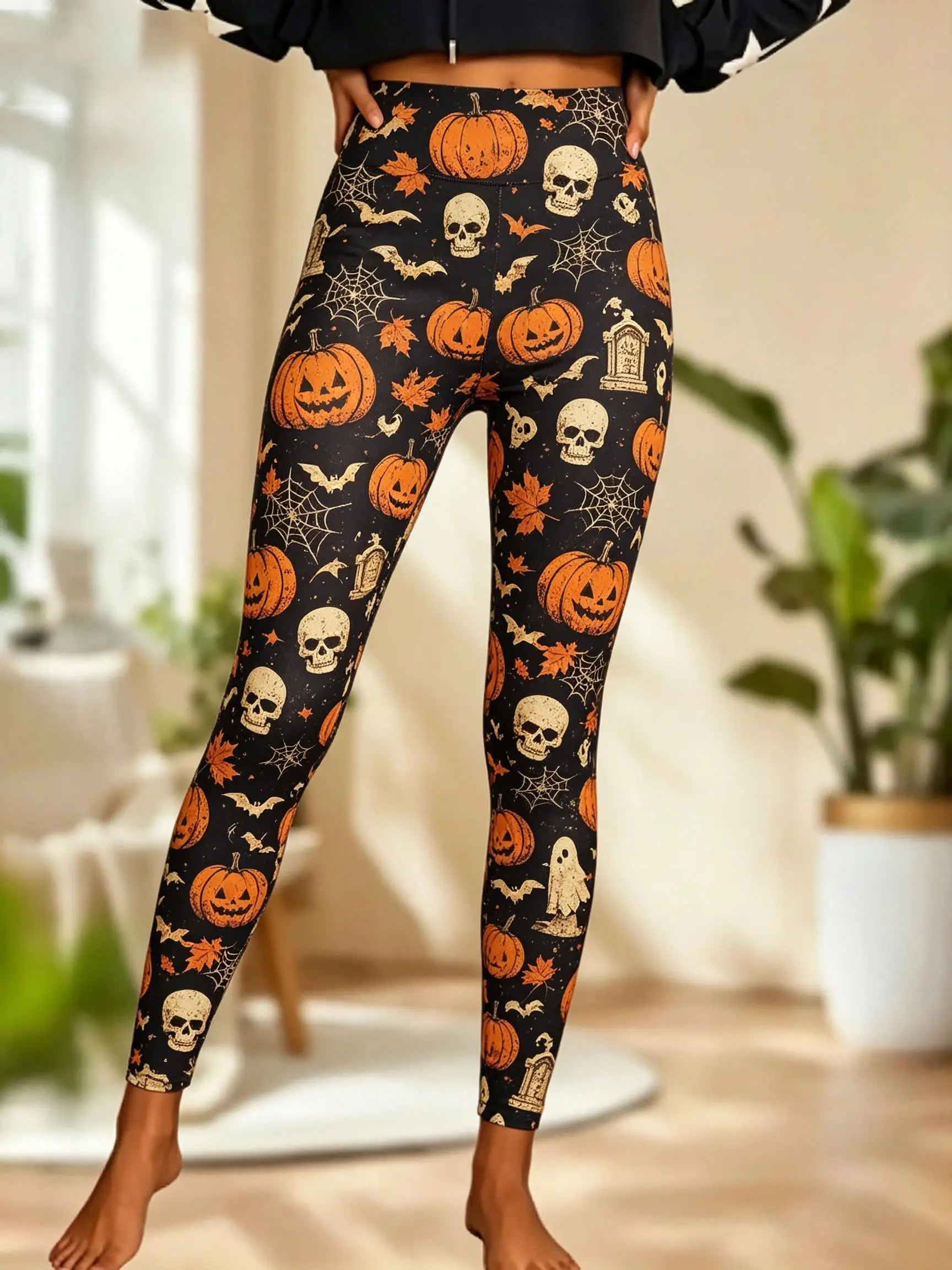 Women Fleece‑lined Mid‑rise Leggings Vintage Halloween Pumpkin Skull Bat Ghost Maple Leaf Print Slim Stretch Casual Pants