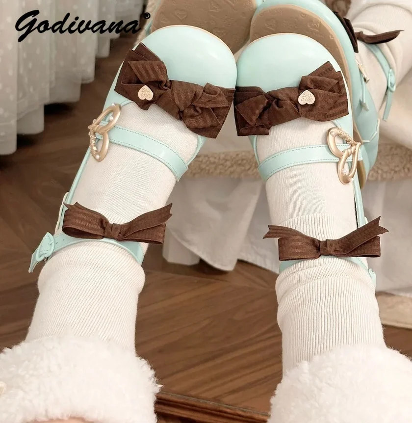 Lolita Style Chocolate Color Retro Cute Bow Low Heel Flats Girls Sweet Leather Pumps Elegant Round Head Princess Shoes