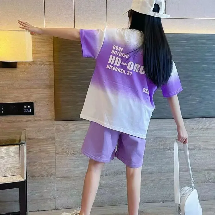 Children Clothes Girl Kids Top and Bottom Clothes Set Purple Gradient Color 2-piece Casual Sports Street Style Suit Loungewear