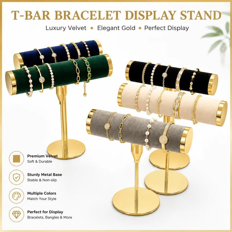 Luxury Velvet T-Bar Bracelet Bangle Stand | Gold Metal Jewelry Holder Prop | Custom Velvet Showcase | Retail Store Organizer