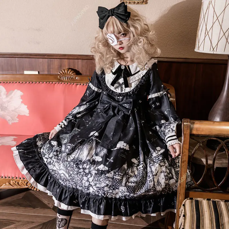 Vestido feminino estilo Diablo Lolita, colarinho Peter Pan, laço bonito, babados kawaii, manga cheia, estampado, loli gótico, feminino, novo