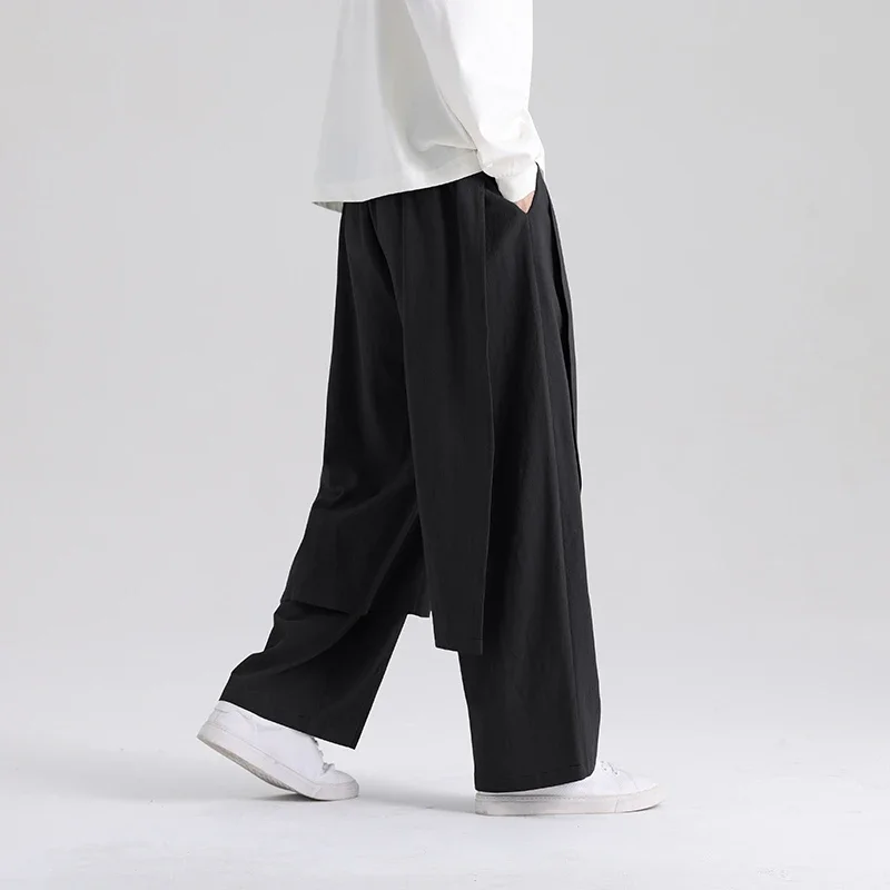 

2025 Autumn Men Cotton Linen Hakama Kung Fu Pants Men Patchwork Wide Bottom Harem Pants Male Chinese East Style Grey Culottes