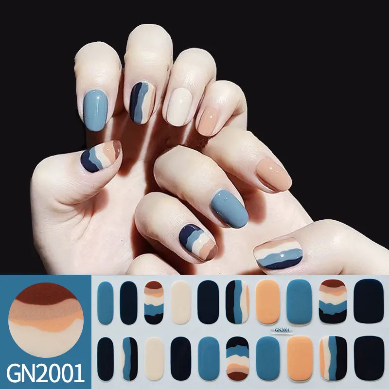 

20-finger No-UV/LED multi-color semi-cured gel nail art stickers, pure color coating, long-lasting full-coverage gel stickers