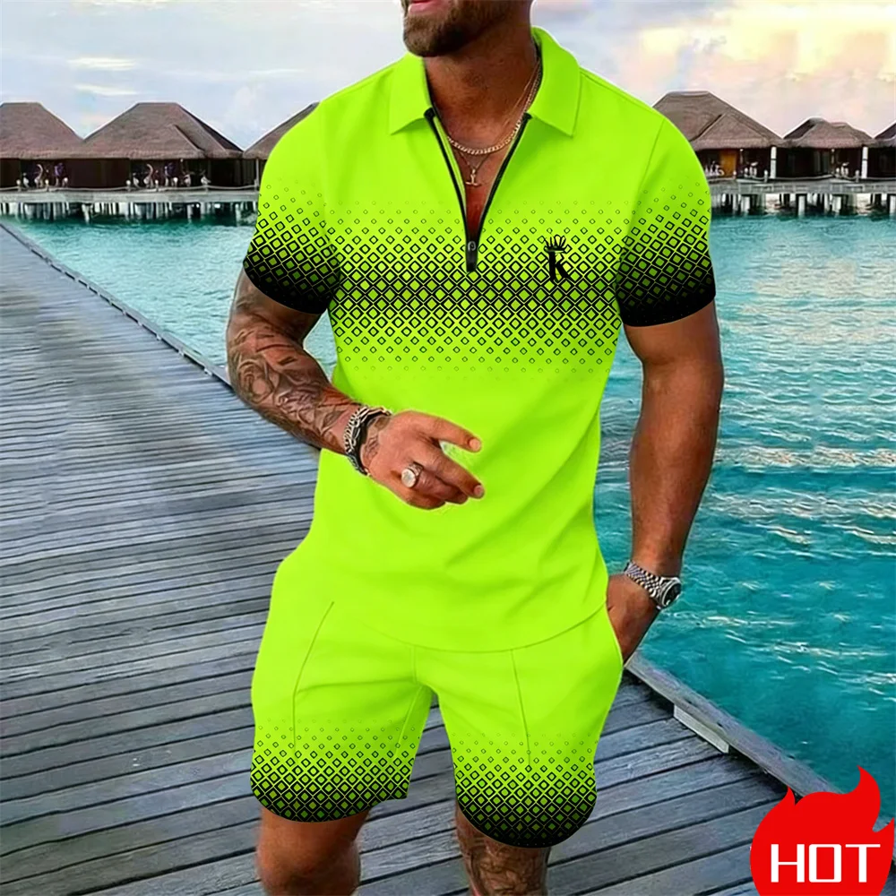 

Summer Vitality polo shirt set Dotted letter prints Men's Zipper Polo Two Piece Set Sports vacation set Breathable mens clothing