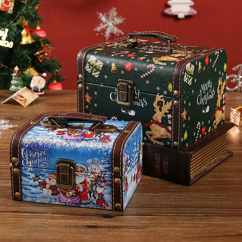 New Christmas PU Leather Retro Wooden Jewelry Certificate Storage Box With Handle Hundred Treasure Miscellaneous