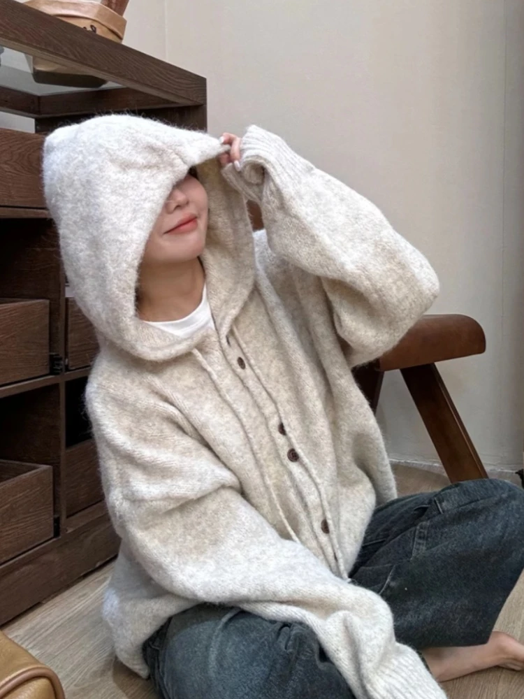 Soft Glutinous Hood Knit Cardigan Women Autumn and Winter Thickened Korean Series Wear Lazy Relaxed Feeling Mid-Length Sweate