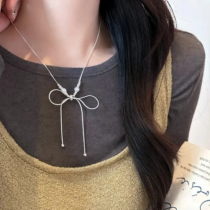 Simple Bowknot Drawstring Long Necklace for Women Korean Fashion Sweater Chain Trend Jewelry Accessories Gifts Wholesale