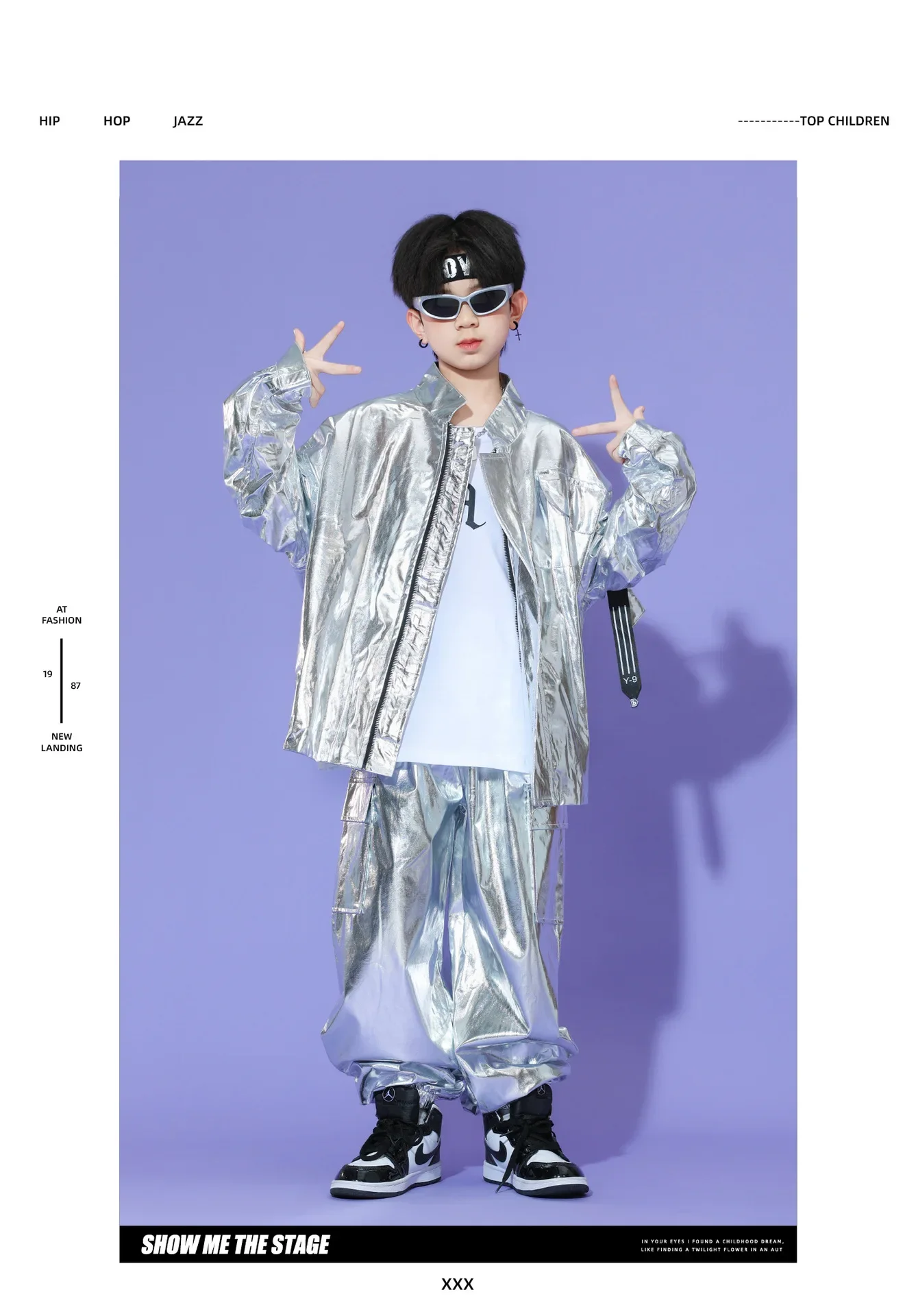 Neues Kinder-Hip-Hop-Set aus glitzerndem silbernem Leder, Bühnenkostüm für Mädchen, Street-Dance-Kopf-Performance-Kostümset für Jungen – Detail 2