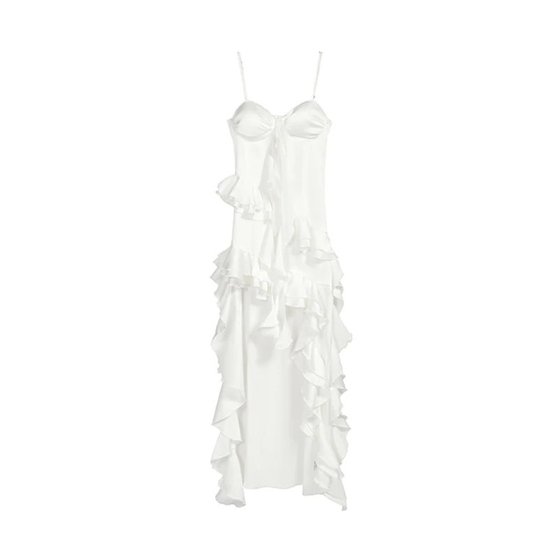 Vestido camisero blanco Irregular para mujer, vestido coreano con volantes, vestido elegante con tirantes finos, novedad de verano, moda Harajuku, Vestidos sexis con espalda descubierta