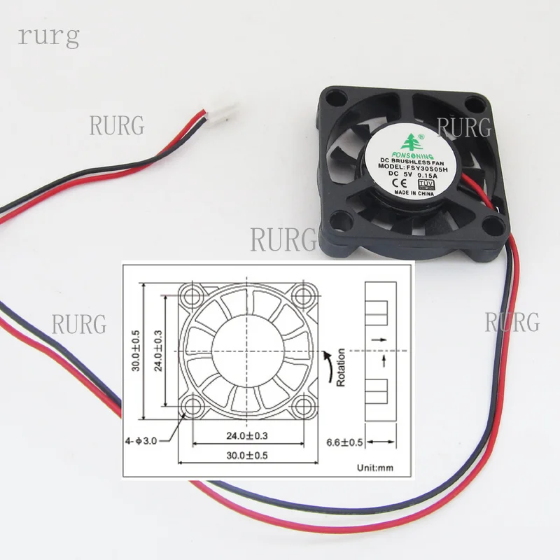 R+ 1-piece brushless DC cooling fan, 30x30x6mm, 3006, 11 blades, 5V, 0.15A, 2-pin connector