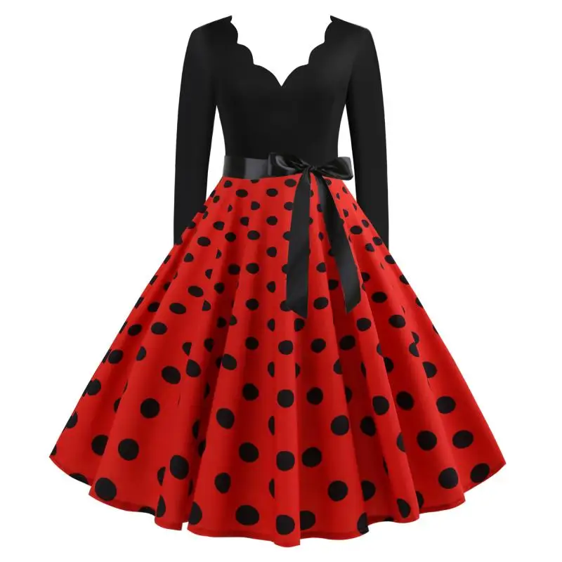 Retro Polka Dot V Ne Long Sve Maxi Dr con Bell Bot Ribbon A-Line Silhouette Pendolarismo Sle Miscela di cotone a vita media
