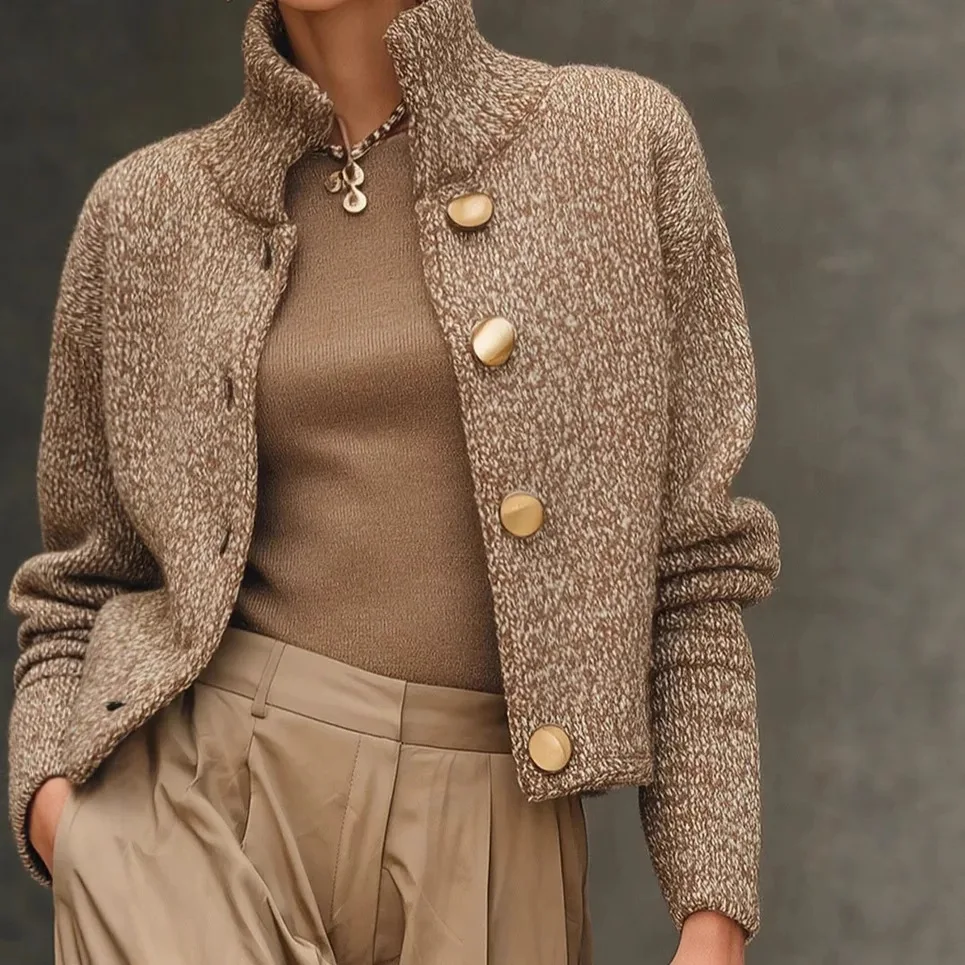 موضة عالية الرقبة زر سترة متماسكة سترة المرأة 2025 الخريف الشتاء طويلة الأكمام سترة معاطف عادية