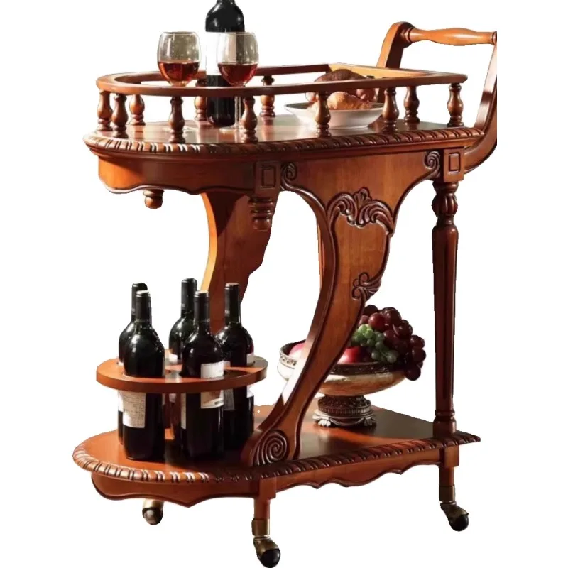 

American Country Solid Wood Dining Car European Style Retro Domestic Wine Rack Sideboard Cabinet Hand Push Drinks Trolley