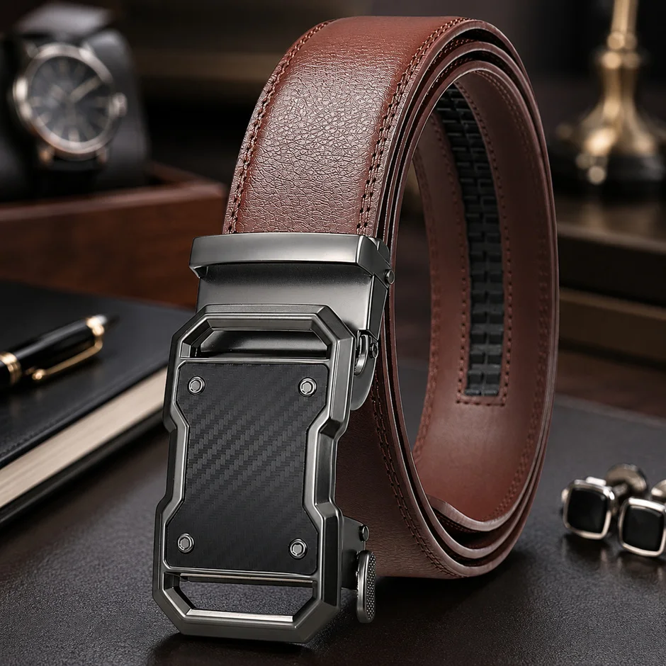 Luxury Brand Genuine Leather Belt For Men Designer Black Brown Waist Belt Automatic Ratchet Ceinture Homme Cummerbunds B1582
