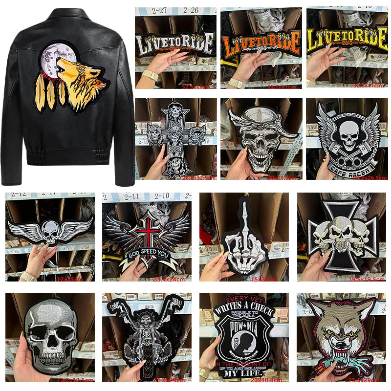 Large Punk Biker Patch DIY Sew Motorcycle Skull Embroidery Patch Iron On Patches For Clothing Thermoadhesive Patches On Jacket