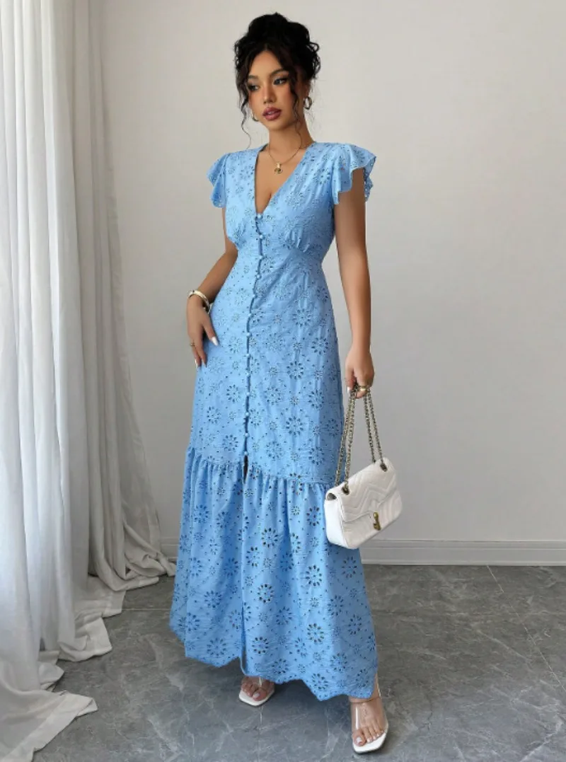 2026 Sommer Damen Elegantes Rüschen-Maxikleid mit Lochstickerei für Urlaub und Party – Boho Strand-Sommerkleid – Detail 4