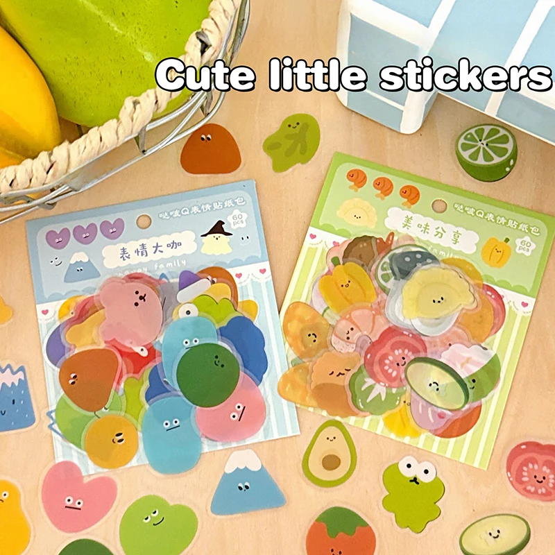 60Pcs Cute Cartoon Stickers Transparent PVC Waterproof Sticker Laptop Scrapbooking Stationery DIY Decoration Decals