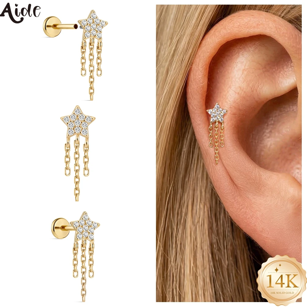 

Aide 14K Solid Gold Sparkly Star CZ Fringe Chain Cartilage Earrings Dainty Dangle Piercing Stud Earring for Women Fairy Jewelry