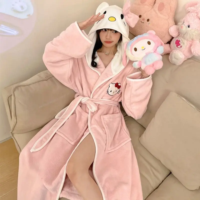 New Miniso Hello Kitty Sleepwear Cute Flannel Embroidered Pajamas Cartoon Thick Hooded Warm Morning Robe Loose Home Clothes