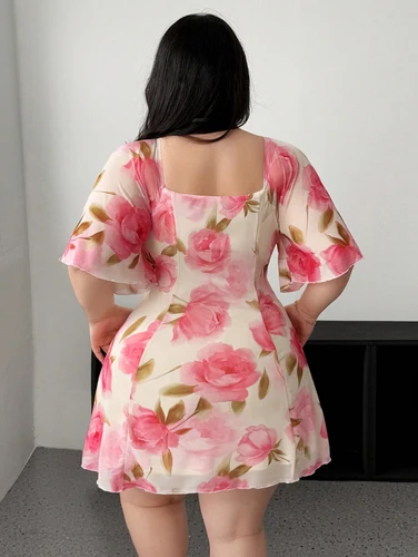 Imagen 2 del producto Vestido de talla grande romántico floral rosa amarillo con mangas con volantes, manga corta, cuello en V, cintura ajustada con gradas