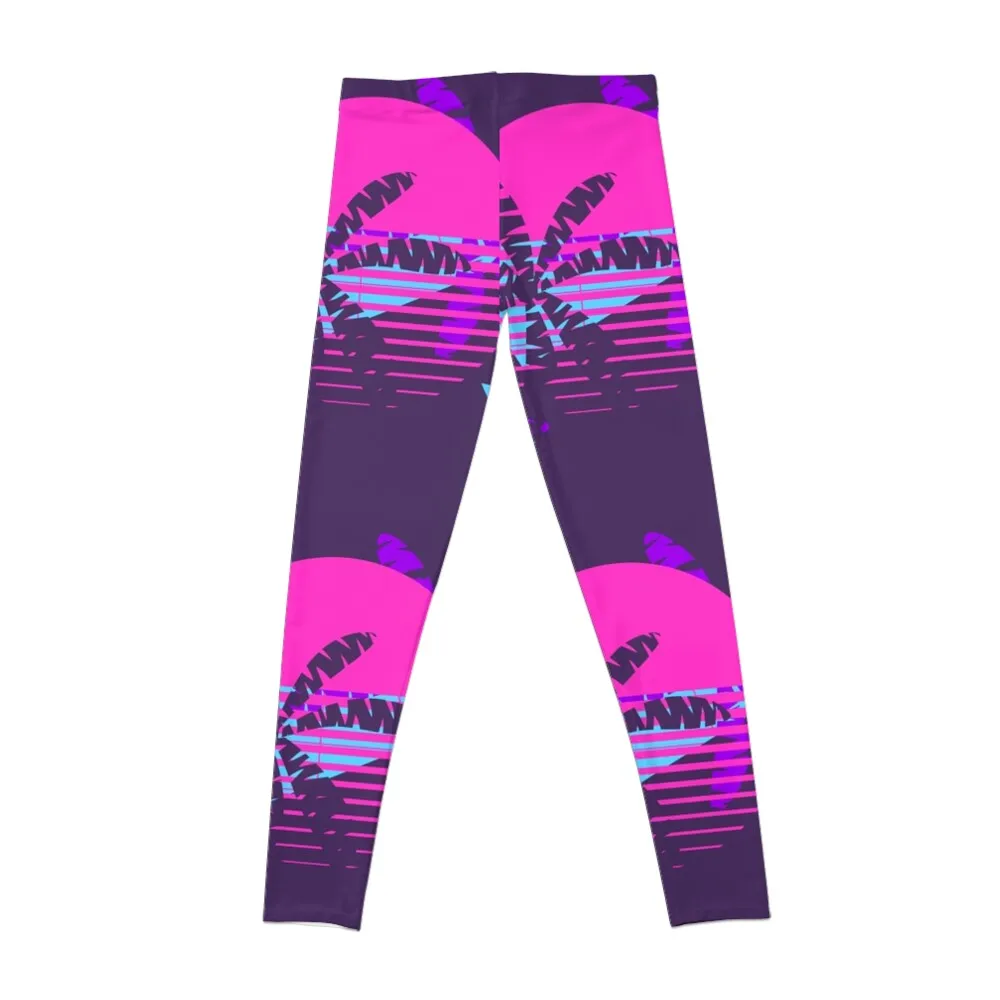 Futuristic palm tree and sun seamless pattern. Synthwave Leggings Tight fitting woman harem pants Womens Leggings