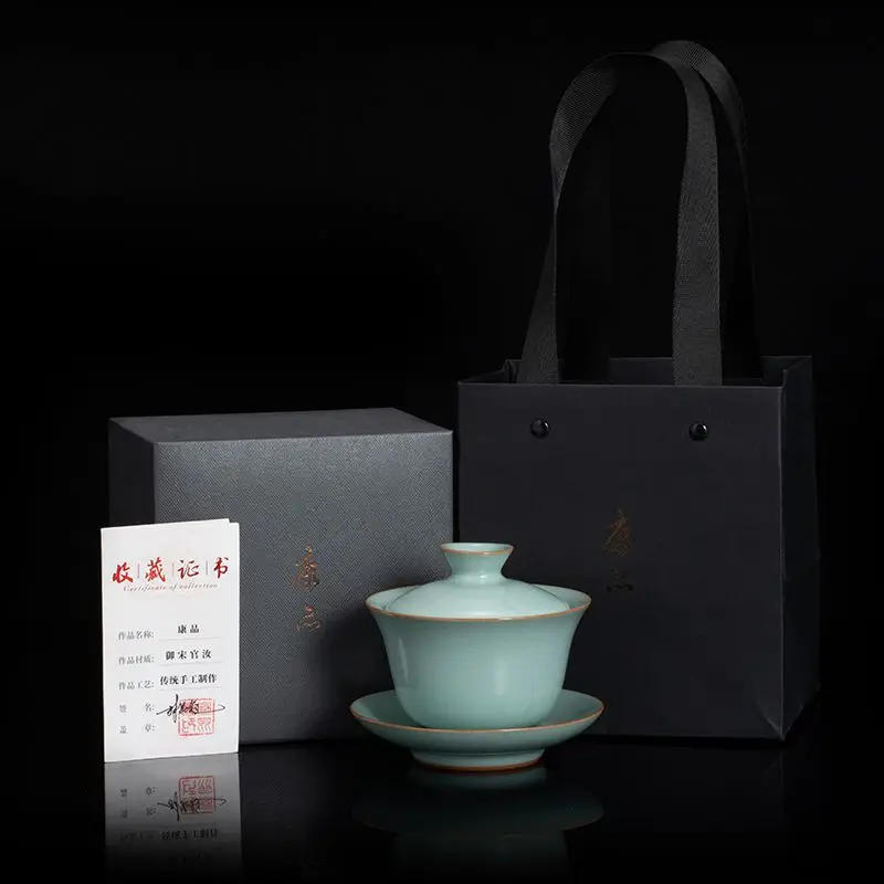 Tureen Single High-Grade Three Pieces Tea Making Anti-Scald Porcelain Kung Fu High-End Eight Treasures Three-Piece Set Ru Ware