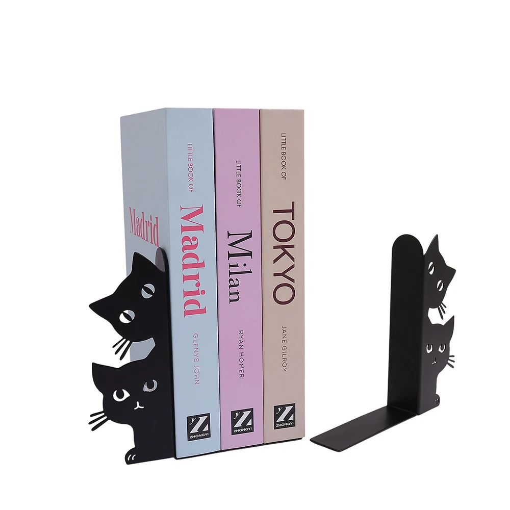Cartoon black cat hollowed out metal L-shaped book holder, simple black cat shaped book storage stand, suitable for cat.