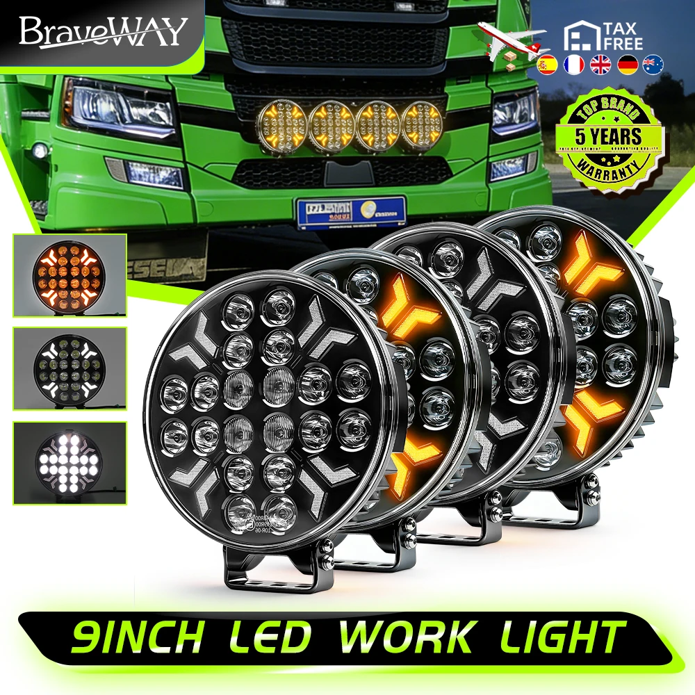 Braveway 7-Zoll LED-Arbeitsscheinwerfer Runde Fahrleuchte Blinkende Nebellampe Spot- und Flutlicht Weiß Amber DRL Offroad-Truck Traktor SUV Auto