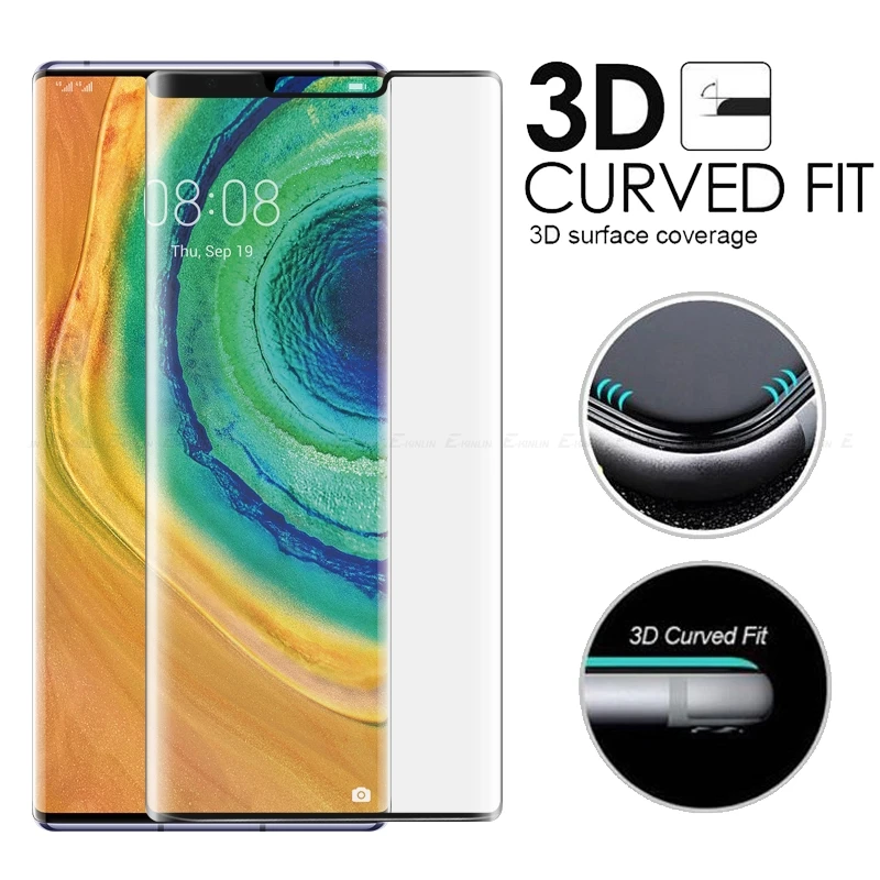 غطاء كامل ثلاثي الأبعاد منحني من الزجاج المقسى لهواوي ميت 60 50 40 40E 30E 30 RS 20 Pro Plus Lite 5G واقي للشاشة