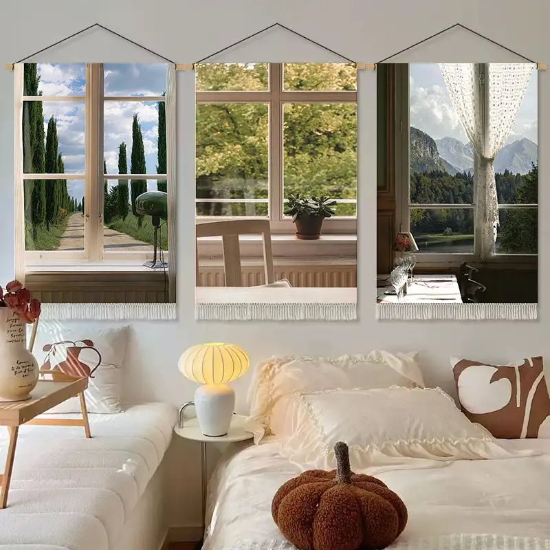 VIKAMA Fake Window View Tapestry Wall Hanging Scenery Landscape Nature Green Plant Art Tapestry for Bedroom Dorm Home Wall Decor