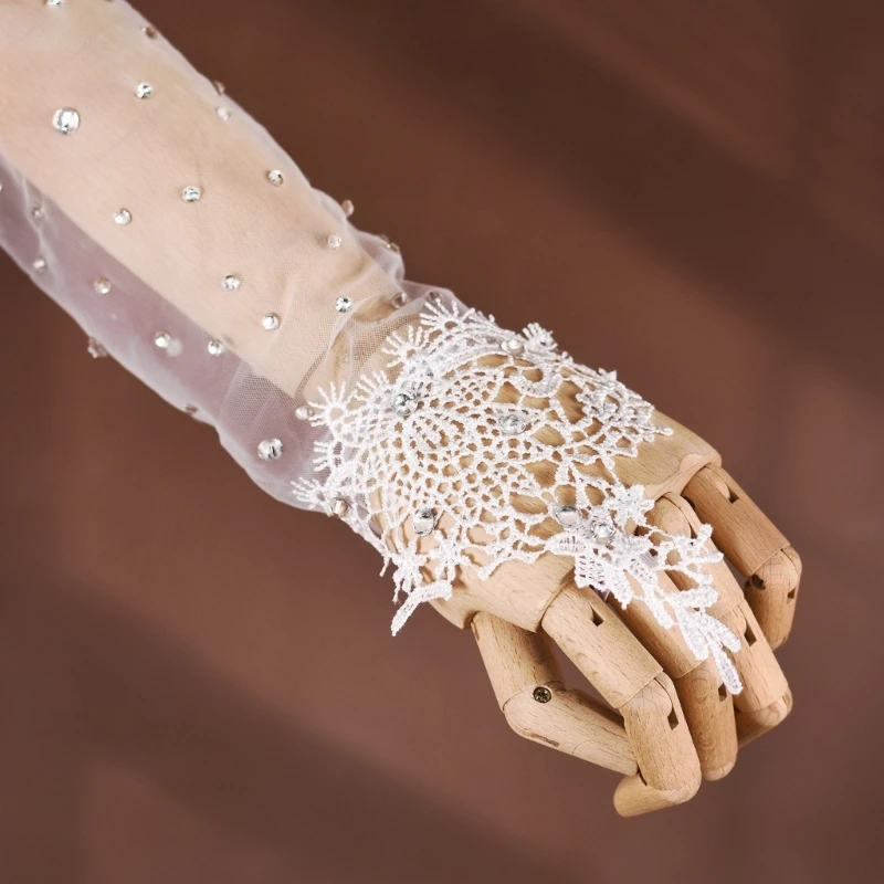  Wedding Rhinestones Lace Sleeve for Live Disco Dancing Elastic Fingerless Gloves