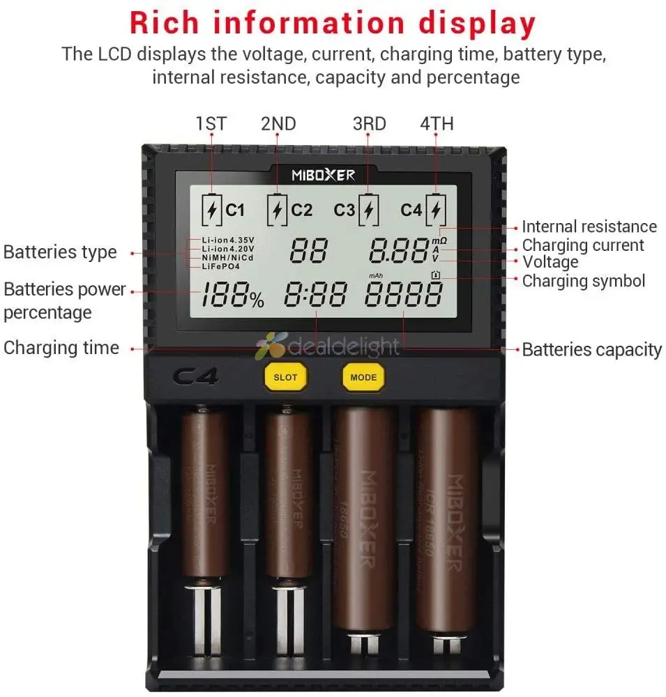 C4 Miboxer Battery Charger Smart 4 LCD Slots for 10340 10440 AA AAA 14500 18650 26650 Battery Charger Universal Charger