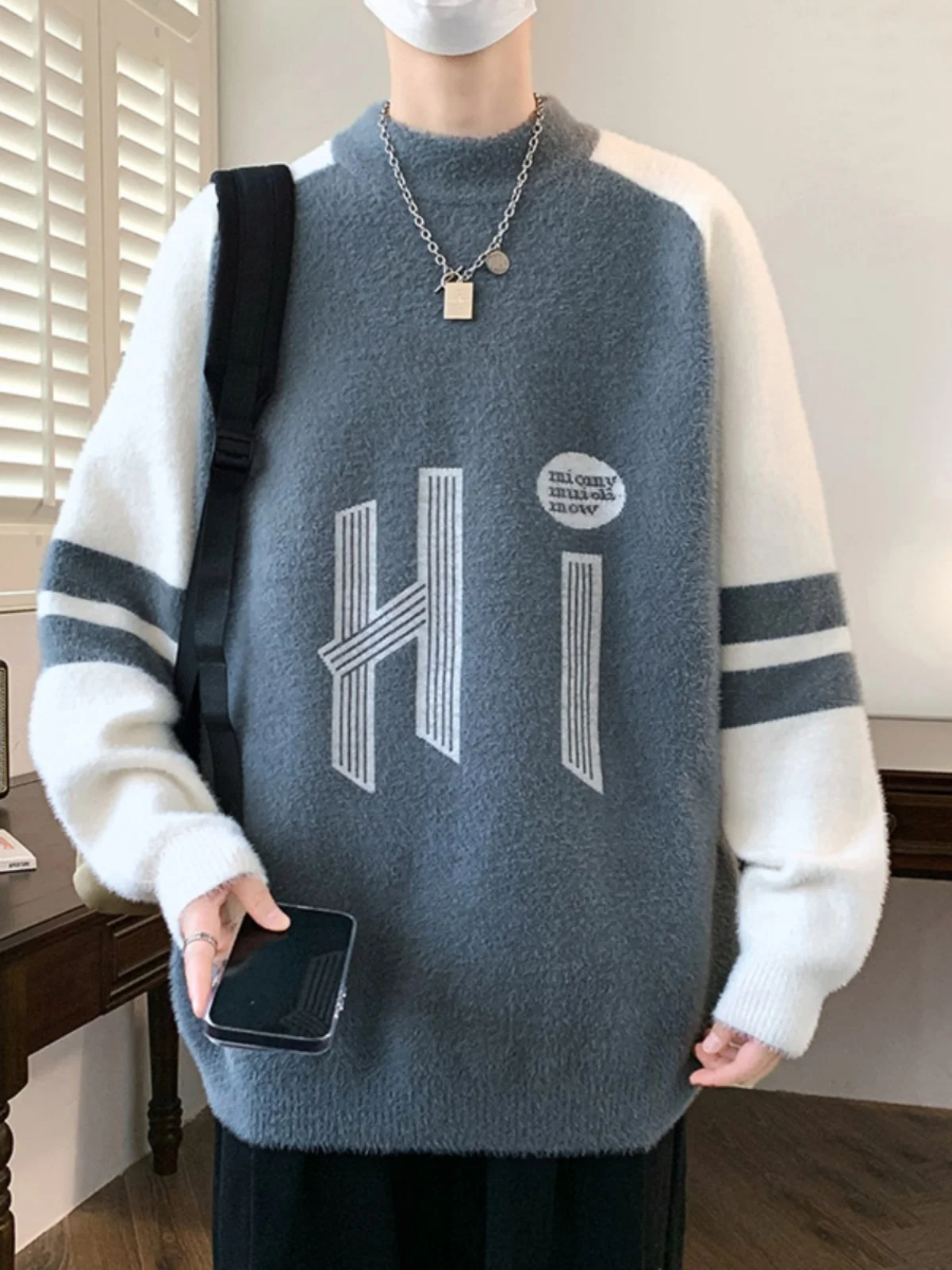 

Winter New Men's Mink Velvet Knitwear f High Collar Teenage Trendy Letter Splicing Lazy Sle Sweater Thiened Long Sve