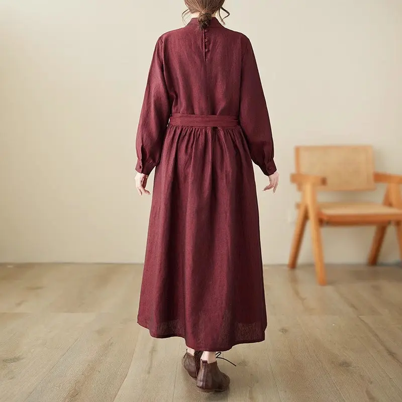 Robe en lin vintage français pour femmes, robe à lacets, col mi-haut, polyvalent, monochromatique, mode décontractée, automne, 2023, z3ino 4