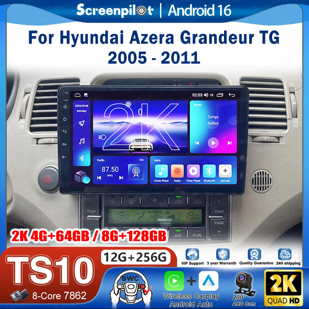 Android 16 Car Radio Stereo Head Unit For Hyundai Azera Grandeur TG 2005-2011 Multimedia Video Player GPS Navigation Screen Head