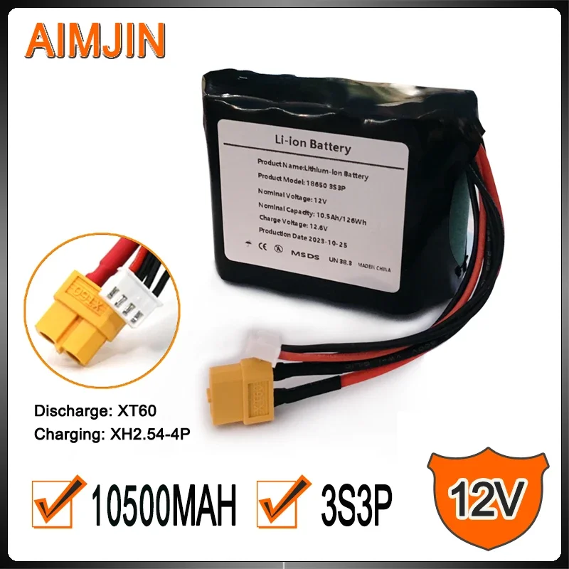 3S3P 12V 10500mAh High Capacity UAV Rechargeable Li-ion Battery for Various RC Airplane Quadrotor, with Connector XH2.54+XT60