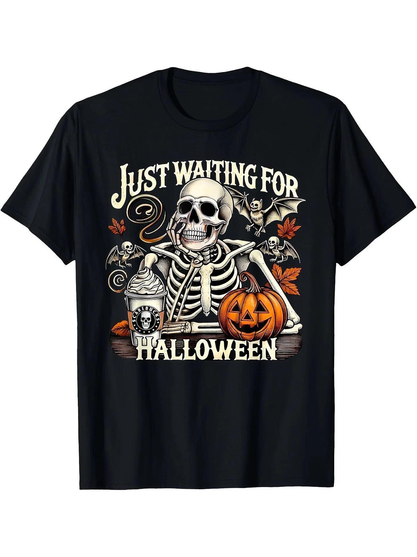 تي شيرت رجالي للهالوين على الطراز القوطي ثقيل الوزن مطبوع عليه جمجمة رعب مع جاك أو لانترنز تابوت فقط في انتظار شعار الهالوين #1