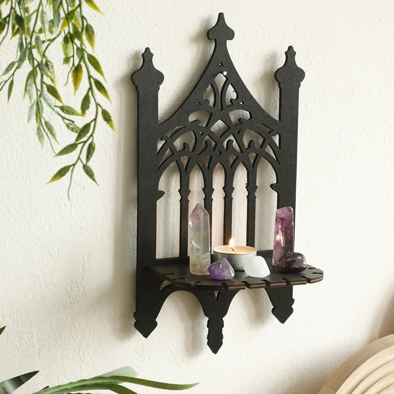 2025 Trend Black Wooden Gothic Fence Type Wall-Hung Shelf Simple Home Furnishing Bedroom Decoration Shelf